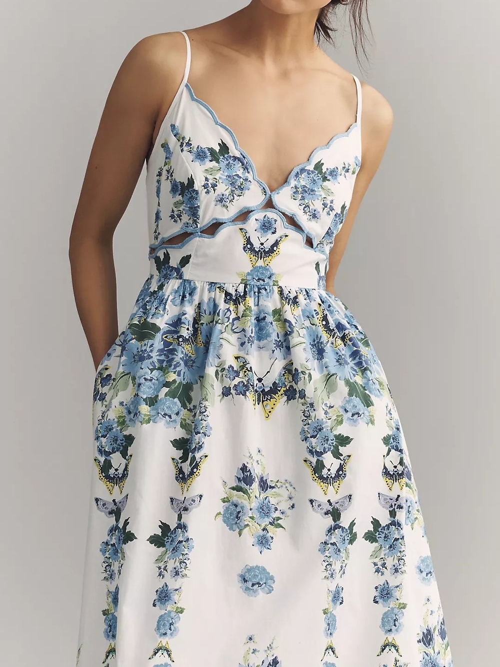 By Anthropologie Cotton Scalloped Midi Dress Floral Butterfly Preppy Size M - Picture 3 of 16